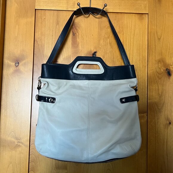 Coach M0873-13380 Ecru Leather Blue Double Handle Foldover Zipper Gusset Bag - Picture 3 of 10